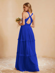 A-Line Pleated Tulle Floor-Length Dress Royal Blue Plus Size