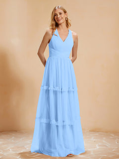 A-Line Pleated Tulle Floor-Length Dress Sky Blue