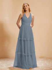 A-Line Pleated Tulle Floor-Length Dress Slate Blue Plus Size