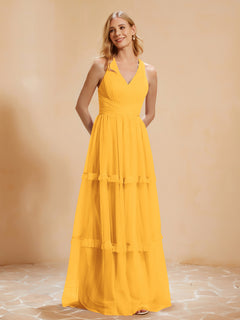A-Line Pleated Tulle Floor-Length Dress Tangerine