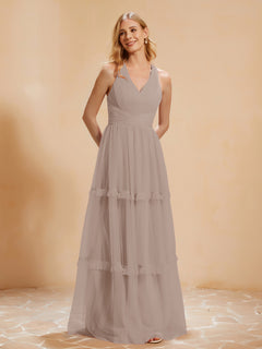 A-Line Pleated Tulle Floor-Length Dress Taupe