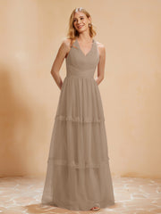 A-Line Pleated Tulle Floor-Length Dress Taupe Plus Size