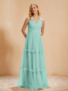 A-Line Pleated Tulle Floor-Length Dress Turquoise