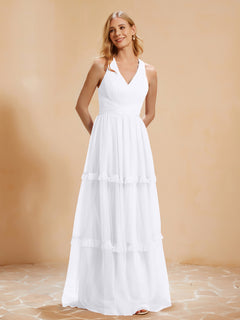 A-Line Pleated Tulle Floor-Length Dress White