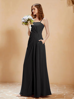 A-Line Pleated Chiffon Floor-Length Dress Black