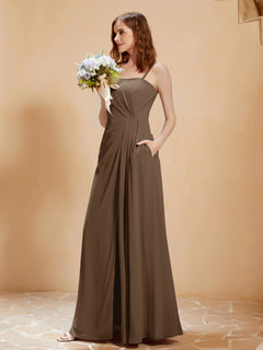 A-Line Pleated Chiffon Floor-Length Dress Brown