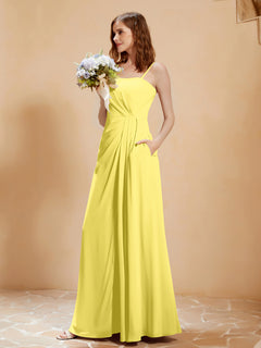 A-Line Pleated Chiffon Floor-Length Dress Lemon