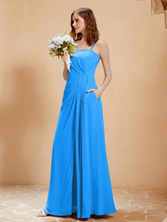 A-Line Pleated Chiffon Floor-Length Dress Ocean Blue