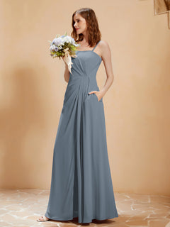 A-Line Pleated Chiffon Floor-Length Dress Slate Blue