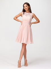 Illusion Neck Chiffon and Lace Short Dress Pearl Pink