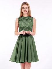 Illusion Neck Chiffon and Lace Short Dress Olive Green