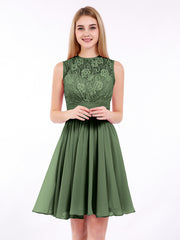 Illusion Neck Chiffon and Lace Short Dress Olive Green