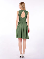 Illusion Neck Chiffon and Lace Short Dress Olive Green