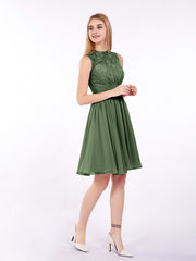 Illusion Neck Chiffon and Lace Short Dress Olive Green