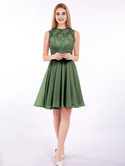 Illusion Neck Chiffon and Lace Short Dress Olive Green