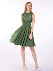 Illusion Neck Chiffon and Lace Short Dress Olive Green