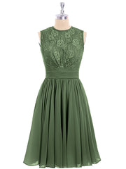 Illusion Neck Chiffon and Lace Short Dress Olive Green
