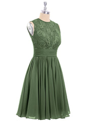 Illusion Neck Chiffon and Lace Short Dress Olive Green