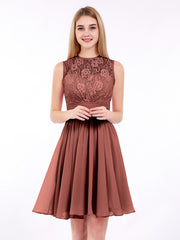 Illusion Neck Chiffon and Lace Short Dress Terracotta