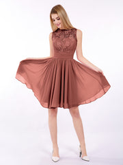 Illusion Neck Chiffon and Lace Short Dress Terracotta