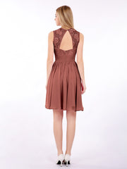Illusion Neck Chiffon and Lace Short Dress Terracotta