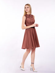 Illusion Neck Chiffon and Lace Short Dress Terracotta