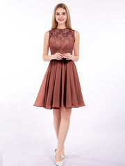 Illusion Neck Chiffon and Lace Short Dress Terracotta