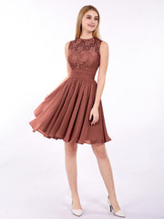 Illusion Neck Chiffon and Lace Short Dress Terracotta