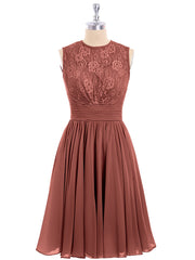 Illusion Neck Chiffon and Lace Short Dress Terracotta