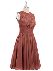 Illusion Neck Chiffon and Lace Short Dress Terracotta