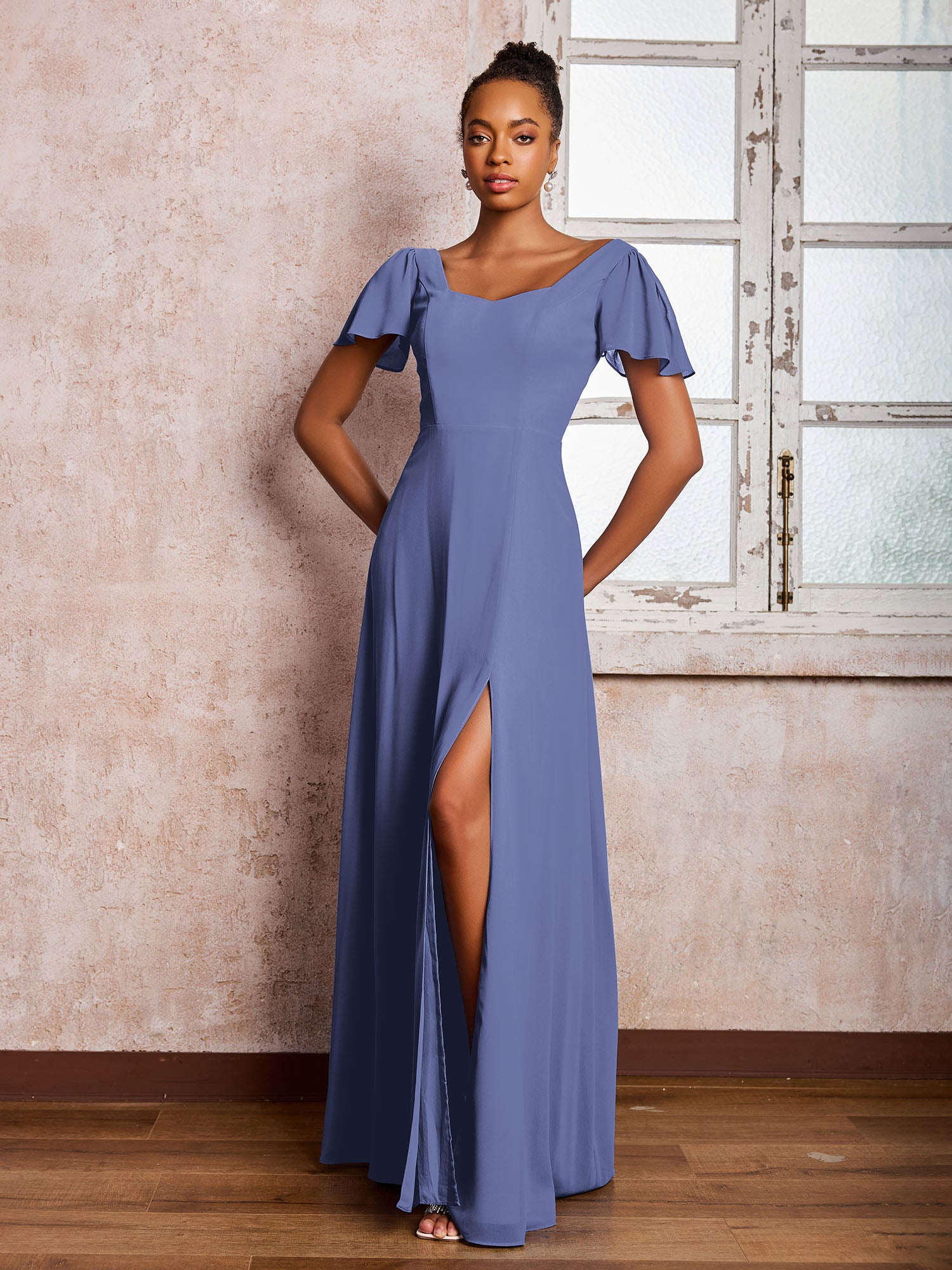 BABARONI Chiffon Periwinkle Bridesmaid Dresses A-line Scoop Floor ...