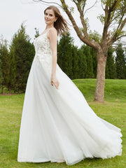 Plunging V-Neck Applique Chapel Train Wedding Dress Ivory