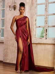 Sleeveless One Shoulder Long Dress With Ribbons Burgundy