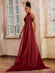 Sleeveless One Shoulder Long Dress With Ribbons Burgundy