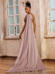 Sleeveless One Shoulder Long Dress With Ribbons Dusty Rose