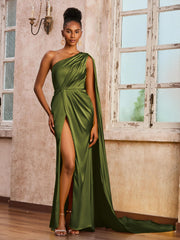 Sleeveless One Shoulder Long Dress With Ribbons Olive Green