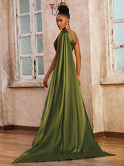 Sleeveless One Shoulder Long Dress With Ribbons Olive Green