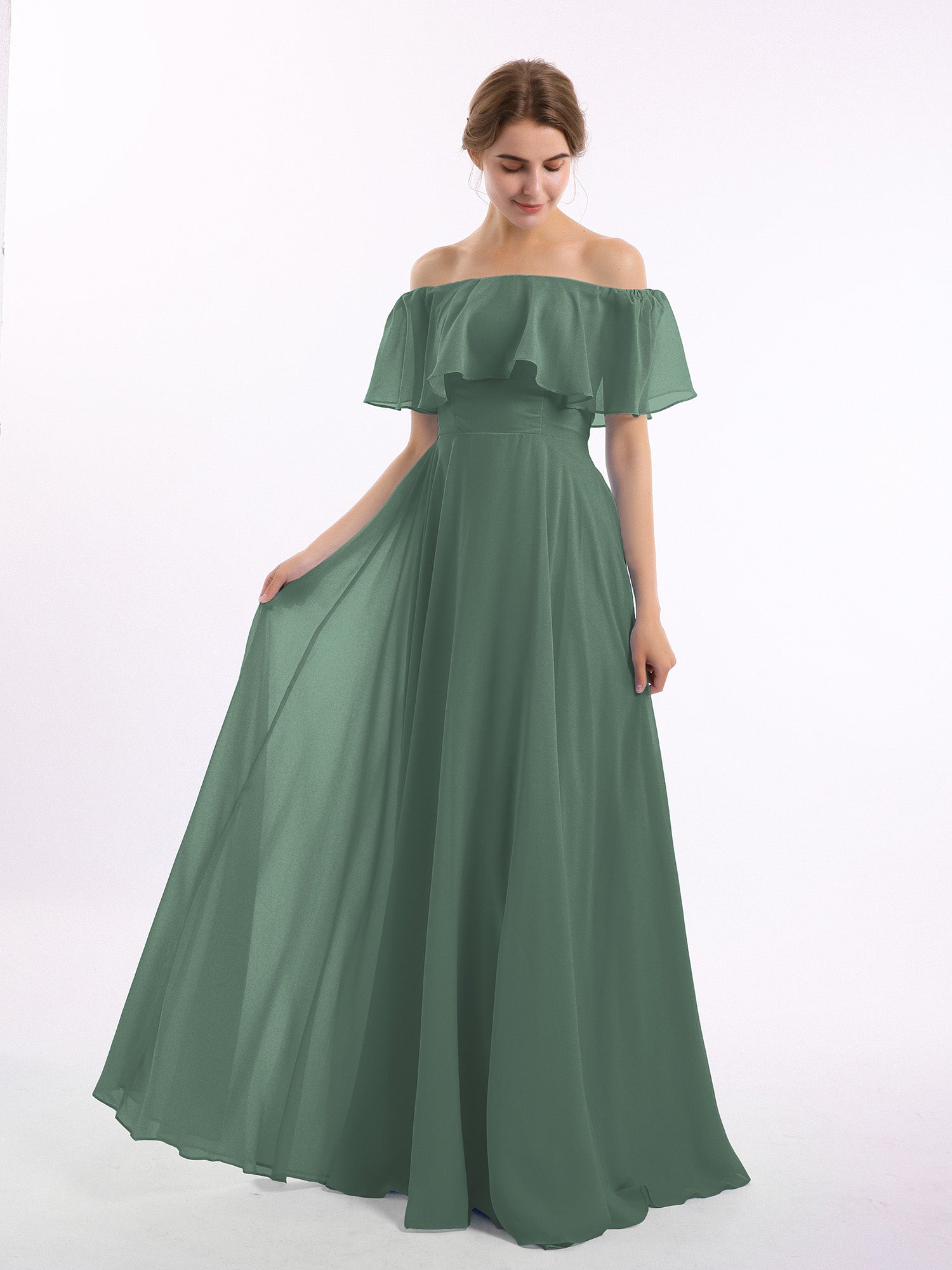 BABARONI Chiffon Eucalyptus Bridesmaid Dresses A-line Off-the-shoulder ...