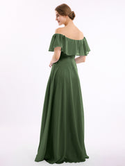 Floor-length Off Shoulder Chiffon Gown Olive Green