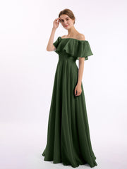 Floor-length Off Shoulder Chiffon Gown Olive Green