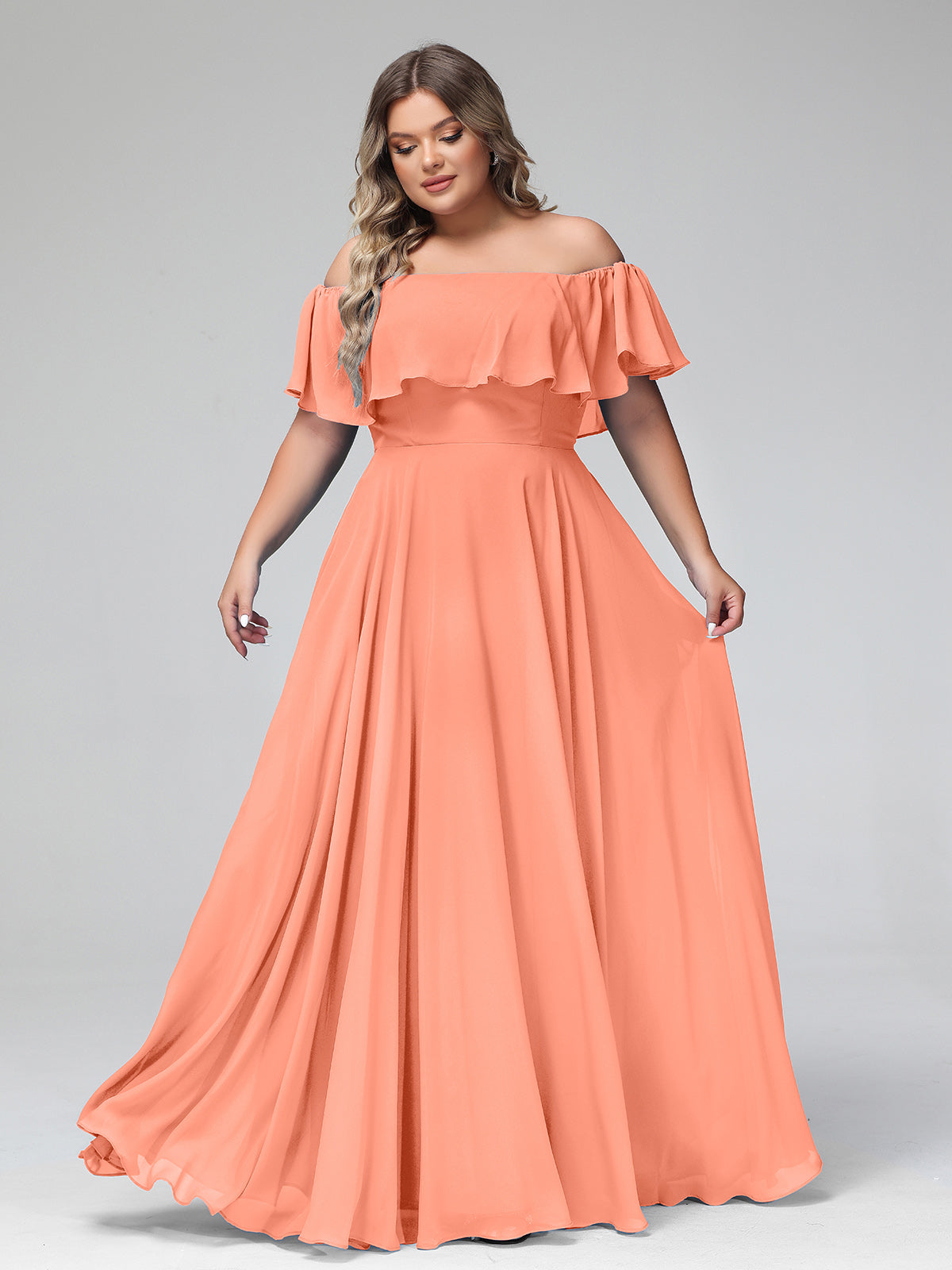 Floor-length Off Shoulder Chiffon Gown Sunset Plus Size | BABARONI ...