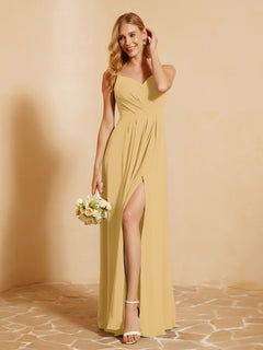 A-Line Pleated Chiffon Dress with V-Neck Gold