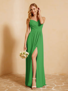 A-Line Pleated Chiffon Dress with V-Neck Green
