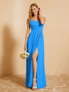 A-Line Pleated Chiffon Dress with V-Neck Ocean Blue