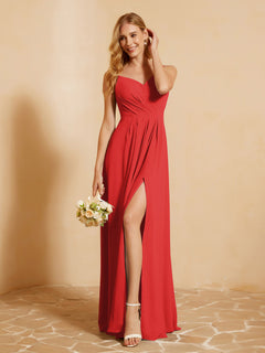 A-Line Pleated Chiffon Dress with V-Neck Red