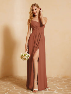 A-Line Pleated Chiffon Dress with V-Neck Rust
