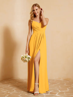 A-Line Pleated Chiffon Dress with V-Neck Tangerine