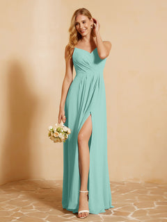 A-Line Pleated Chiffon Dress with V-Neck Turquoise