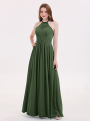 Chiffon And Lace Halter Maxi Dresses Olive Green