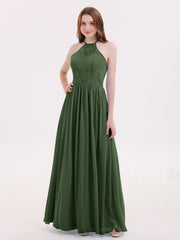 Chiffon And Lace Halter Maxi Dresses Olive Green